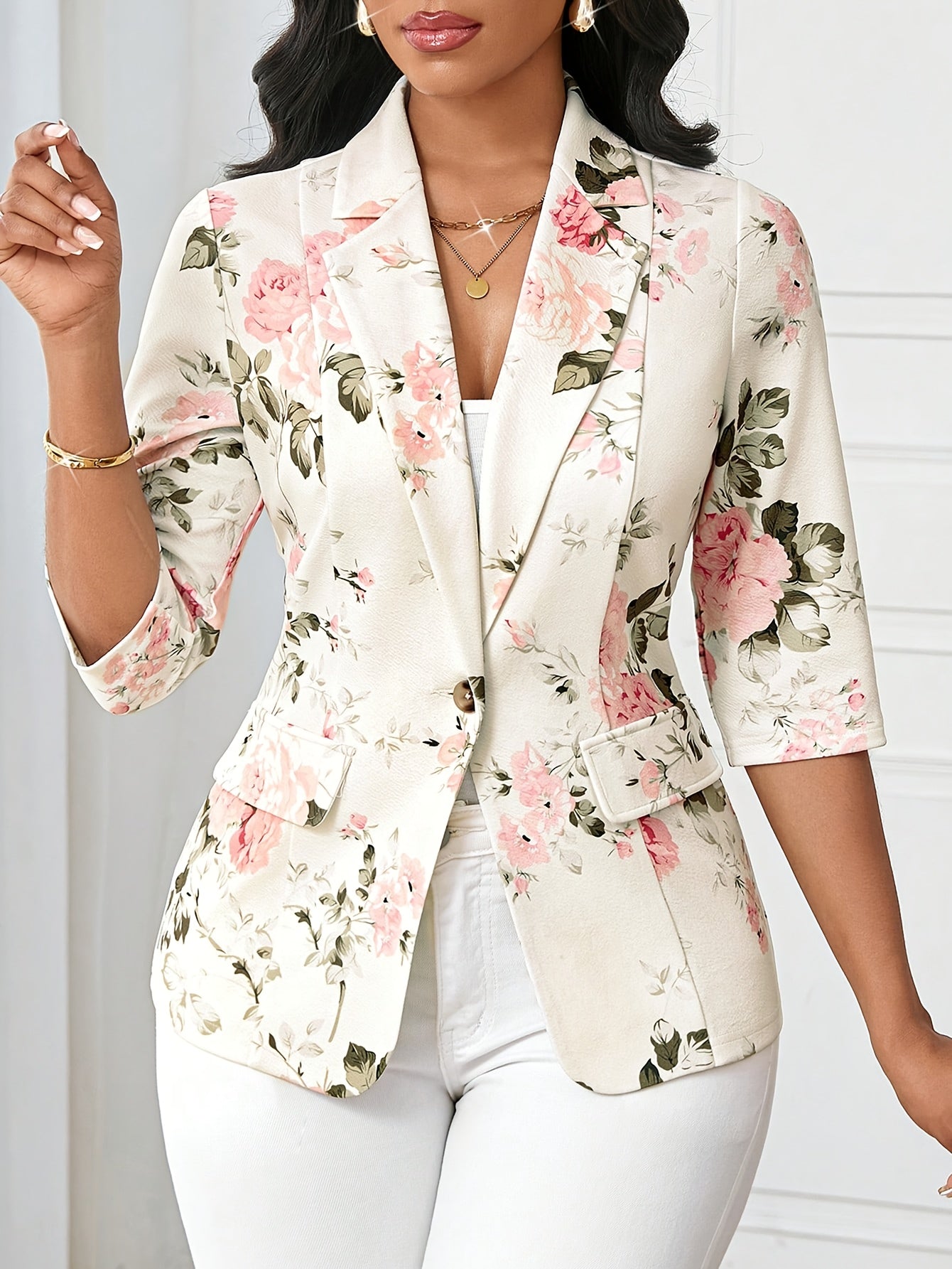 Damen Blazer Elegant mit Blumenmuster und 3/4-Ärmeln – Perfekt für Büro und Alltag