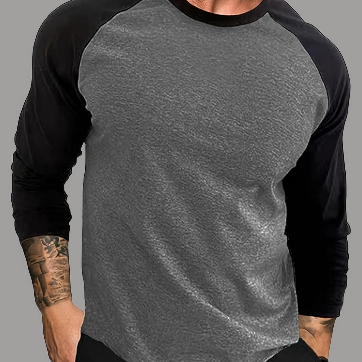 Herren Langarm Raglan T-Shirt Zweifarbig Rundhals