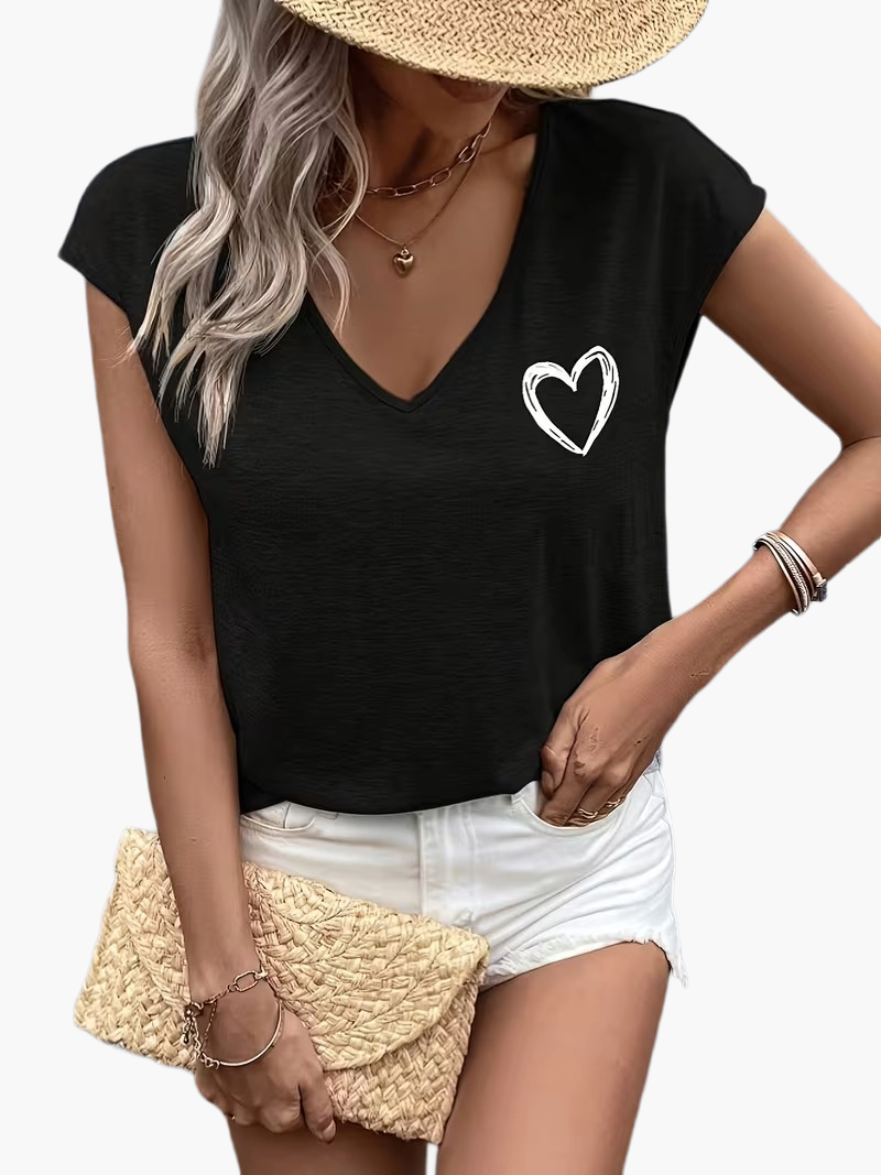 Damen T-Shirt mit Herz-Print und V-Ausschnitt – Lässige Sommermode, ideal für Alltag und Freizeit