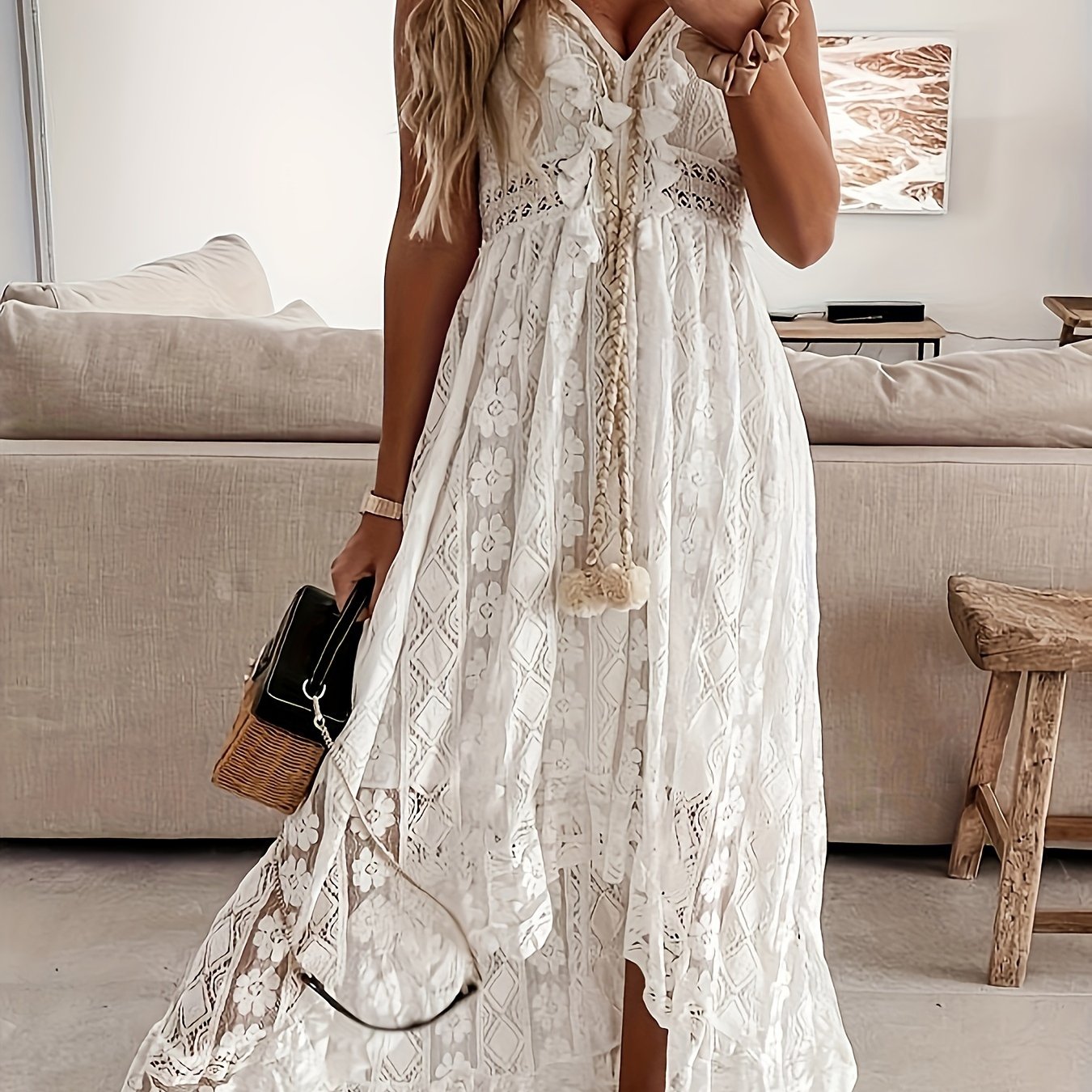 Damen Boho Maxikleid mit Spitze und V-Ausschnitt – Elegantes Sommerkleid für besondere Anlässe