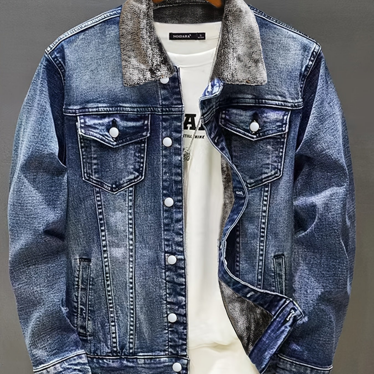 Jeansjacke Herren gefüttert Hellblau Teddyfell Kragen