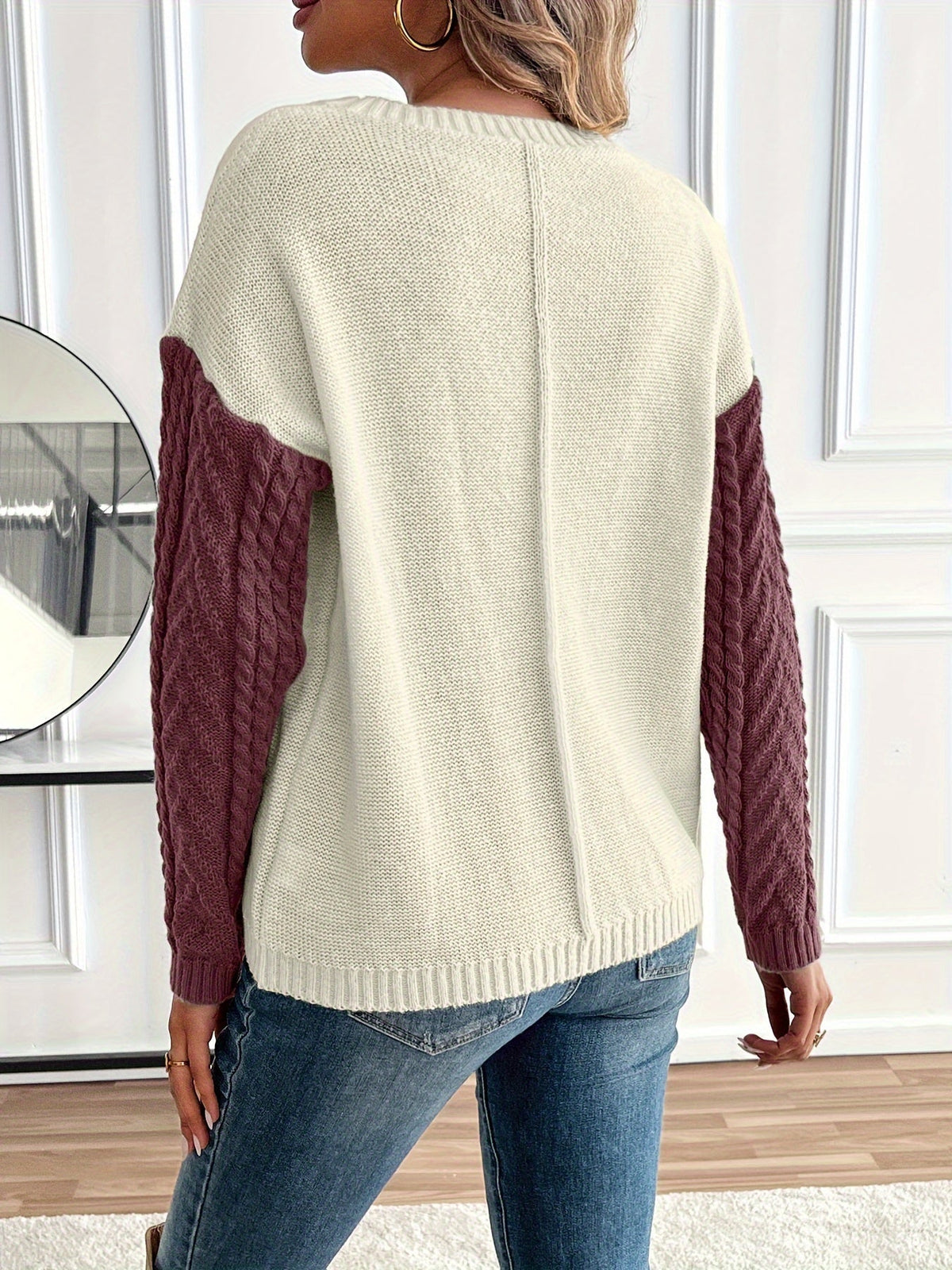 Damen Patchwork Strickpullover mit Rundhalsausschnitt und Zopfmuster