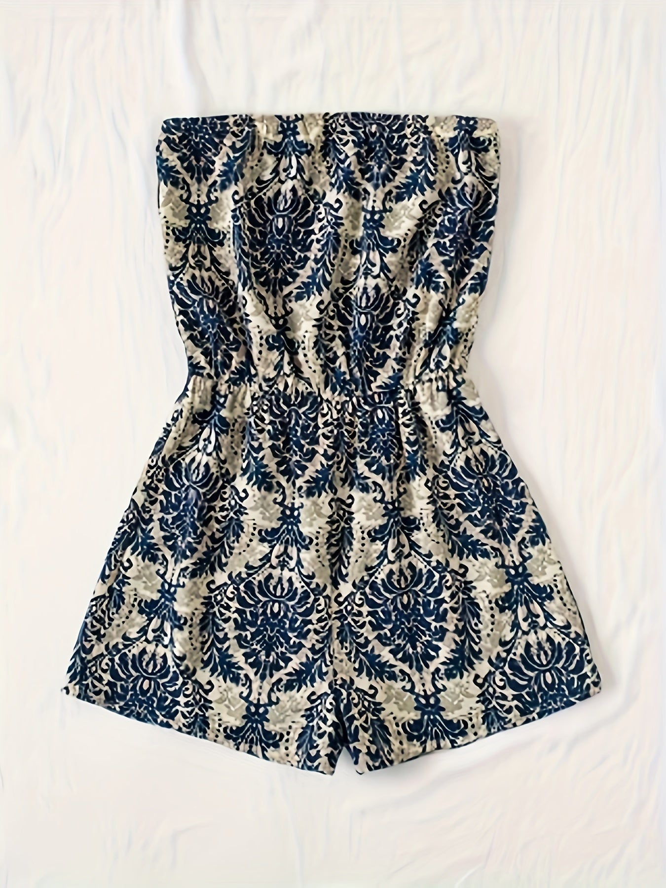 Damen Jumpsuit Bandeau Kurz Einteiler mit Damastmuster – Eleganter Sommer Overall für Urlaub & Freizeit