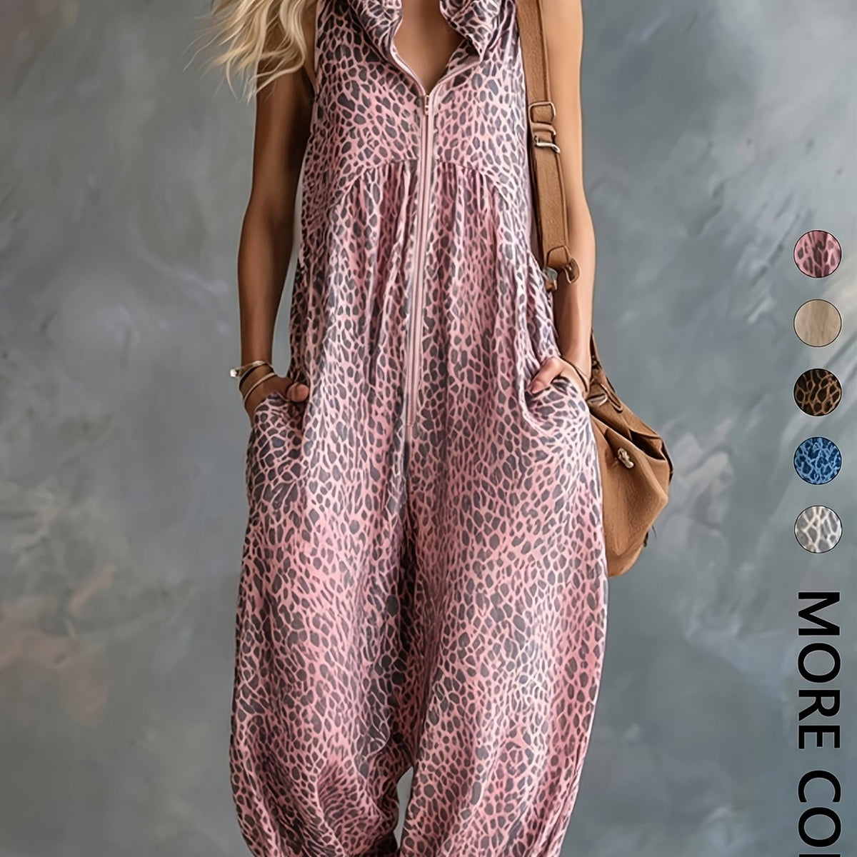 Damen Jumpsuit ärmellos mit Leopardenmuster Kapuze Reißverschluss und Taschen