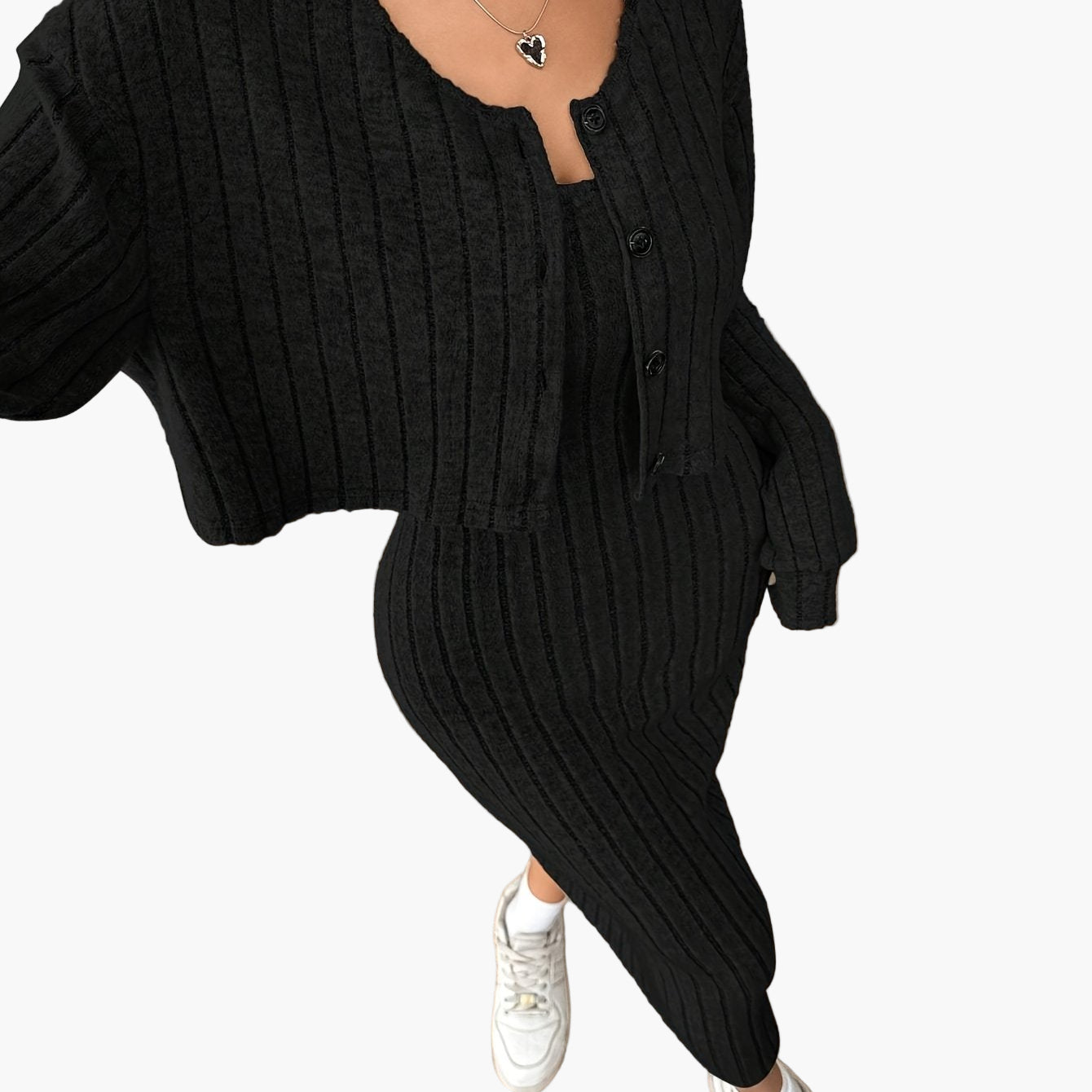 Damen Strickkleid Set Elegant Zweiteiler mit Knopfleiste – Modisch & Vielseitig für Alltag und Freizeit