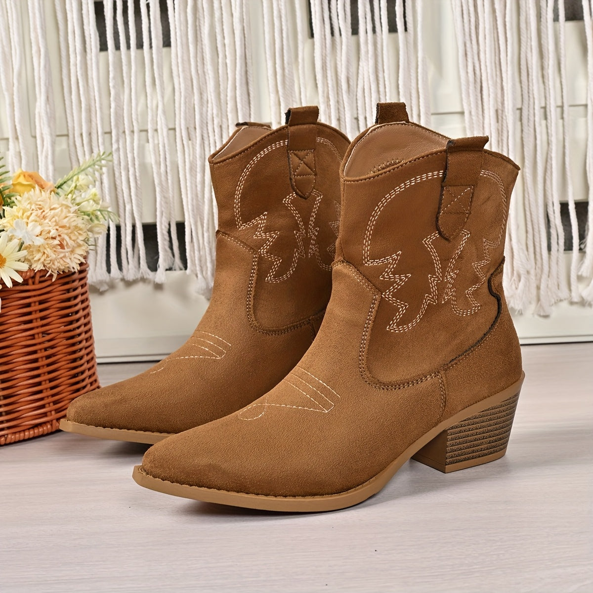 Damen Western Stiefel Stiefeletten spitze Zehe Blockabsatz Bestickt
