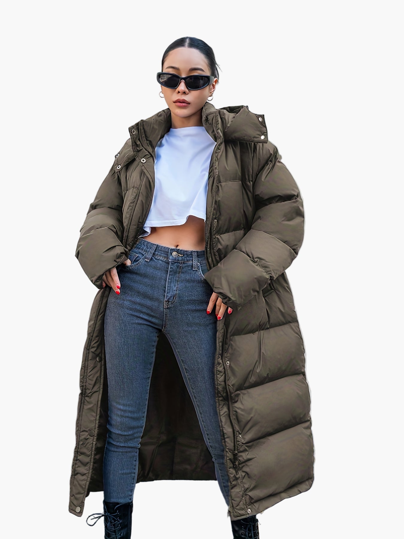 Damen Steppmantel Lang Elegant Winterjacke mit Kapuze und Reißverschluss