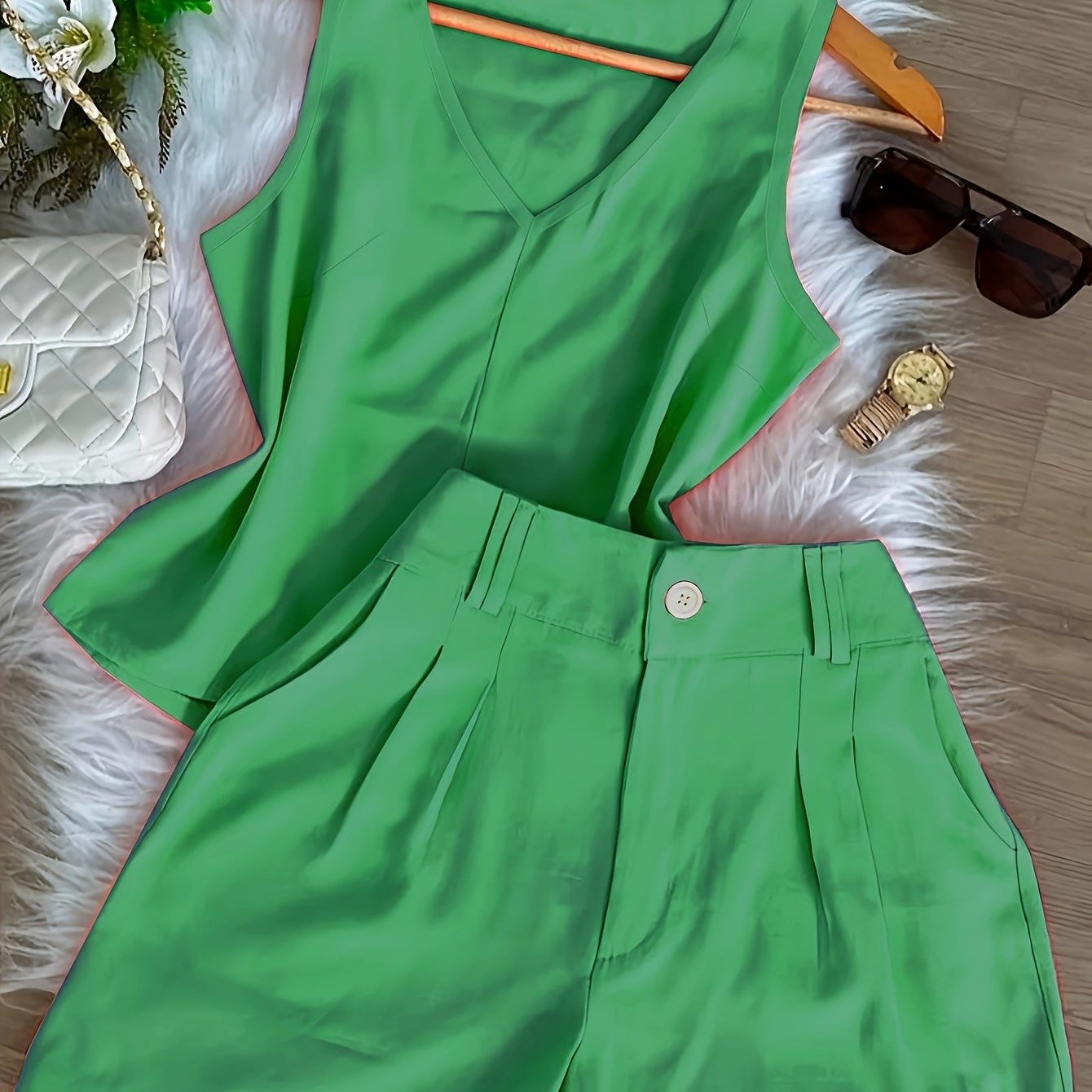 Damen Zweiteiliges Set mit V-Ausschnitt Top und High-Waist Shorts – Eleganter Freizeit-Look