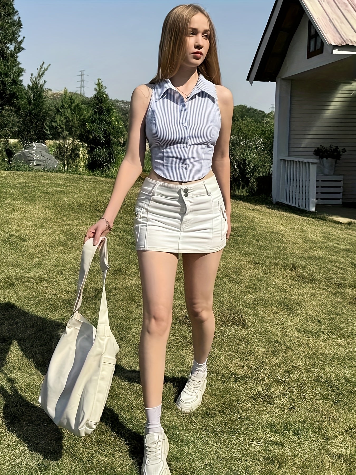 Damen ärmellose Bluse mit Streifen und taillierter Passform – Modernes, elegantes City-Outfit