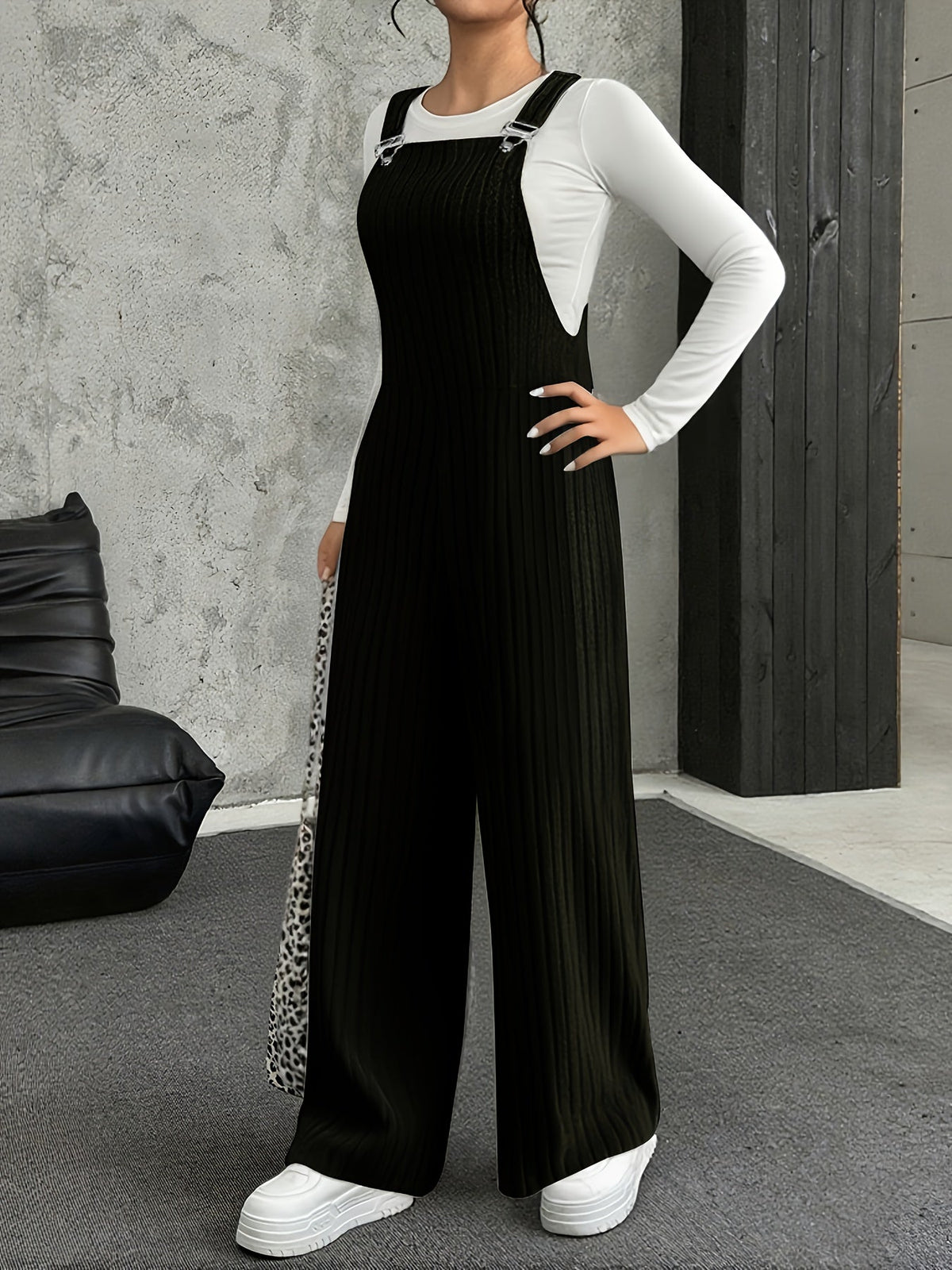 Damen Gerippter Latzhose Jumpsuit Grau Weites Bein