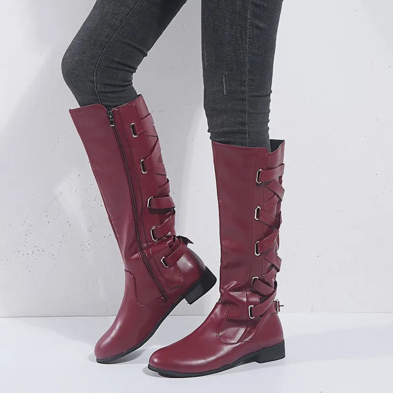 Kniehohe Damen Stiefel mit Schnallen-Details und seitlichem Reißverschluss