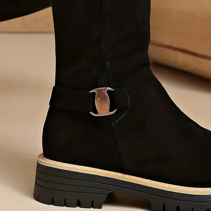 Damen Stiefel Schwarz Hoch Schaft Schnalle Grobe Sohle Reißverschluss