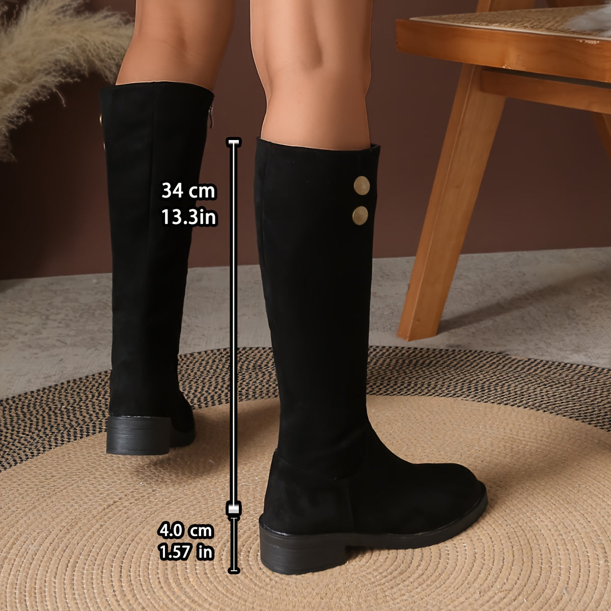 Damen Stiefel Kniehoch mit Zierknöpfen und Reißverschluss in Wildleder-Optik