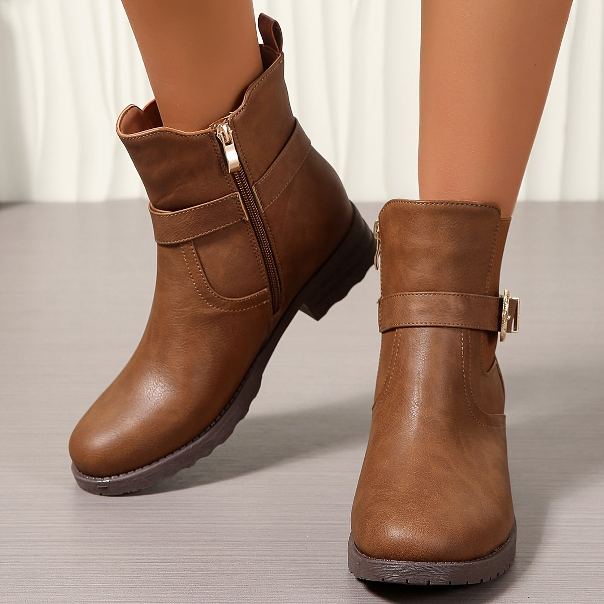 Braune Damen Stiefeletten mit Schnalle und Reißverschluss