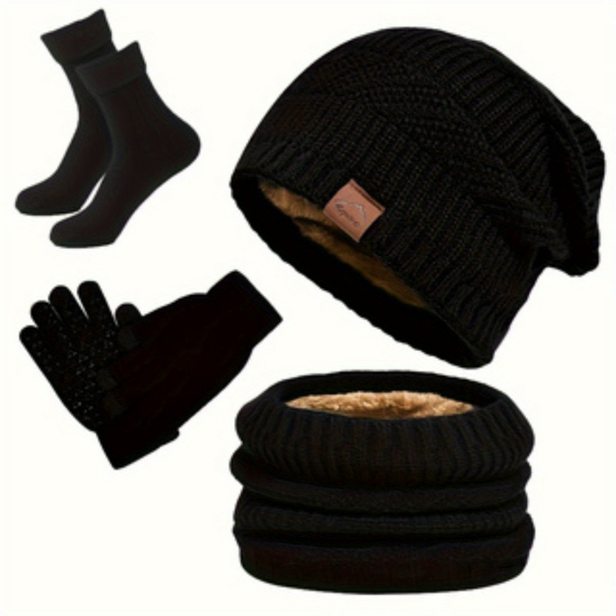 Unisex Winter Set 4-teilig: Strickmütze, Loop-Schal, Touchscreen-Handschuhe & Socken mit Futter