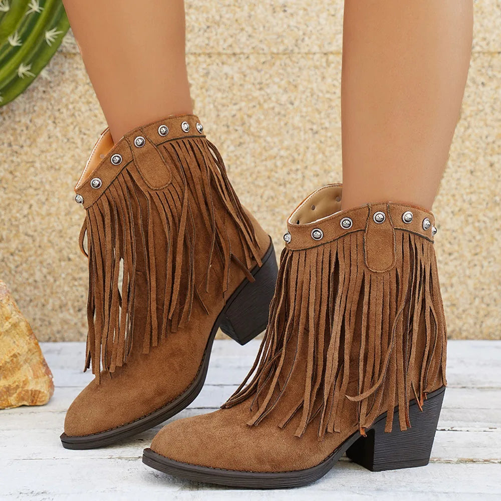 Damen Cowboystiefel mit Fransen, spitzer Zehe und Blockabsatz in Wildleder-Optik