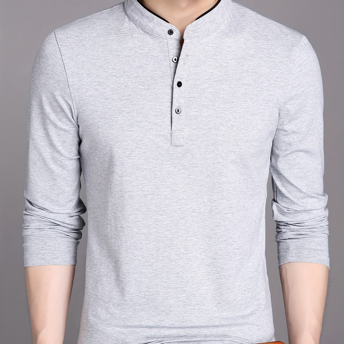 Herren Langarmshirt Henley Stehkragen Knopfleiste Bordeaux
