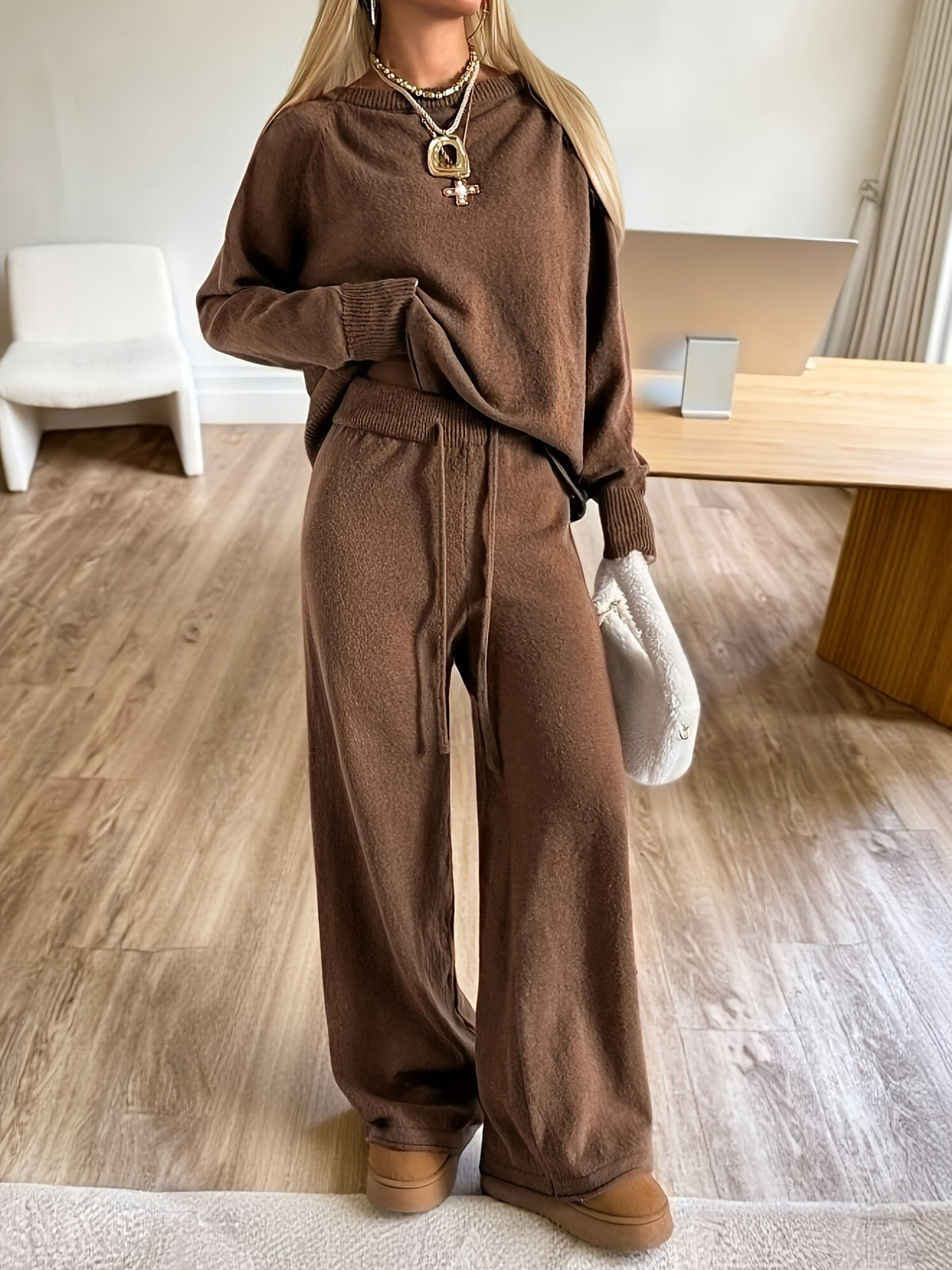 Damen Loungewear Set Braun Langärmeliger Pullover & Weite Hose