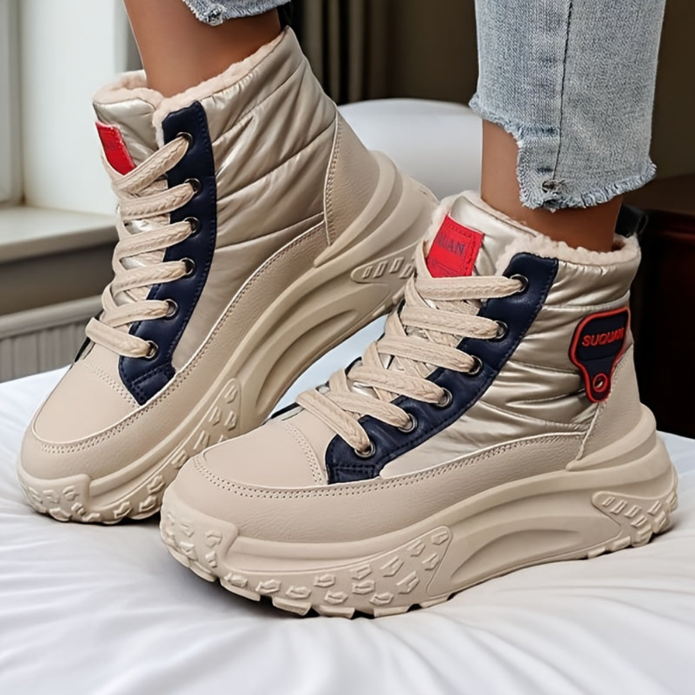 Damen Winter Stiefel Hoher Schaft Schnürsenkel Fellfutter Beige