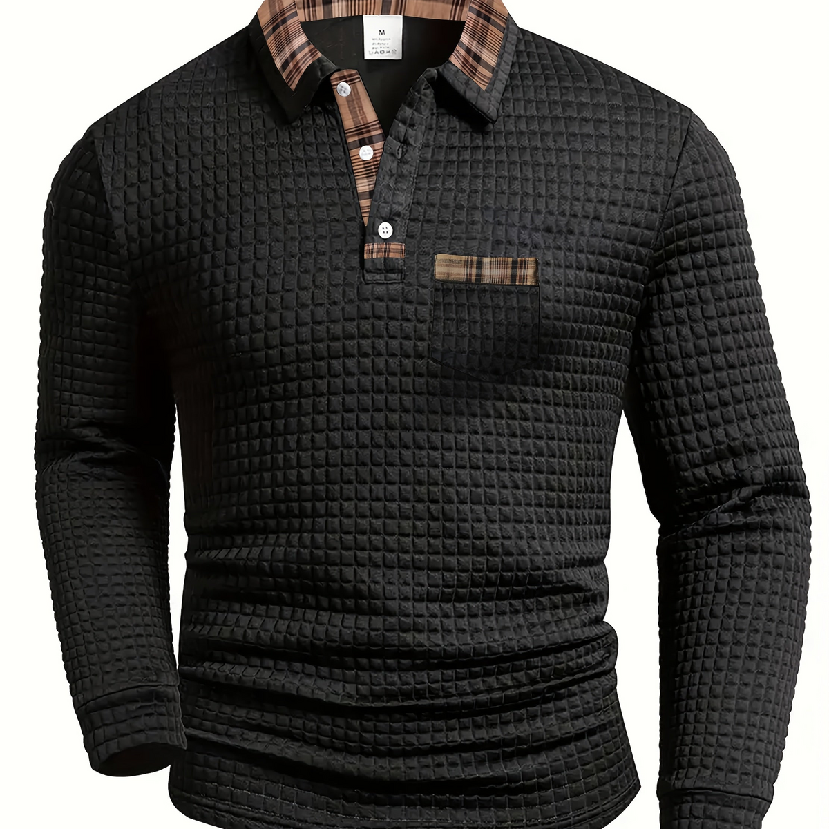 Herren Langarmshirt Waffelstruktur Karierter Kragen Grün