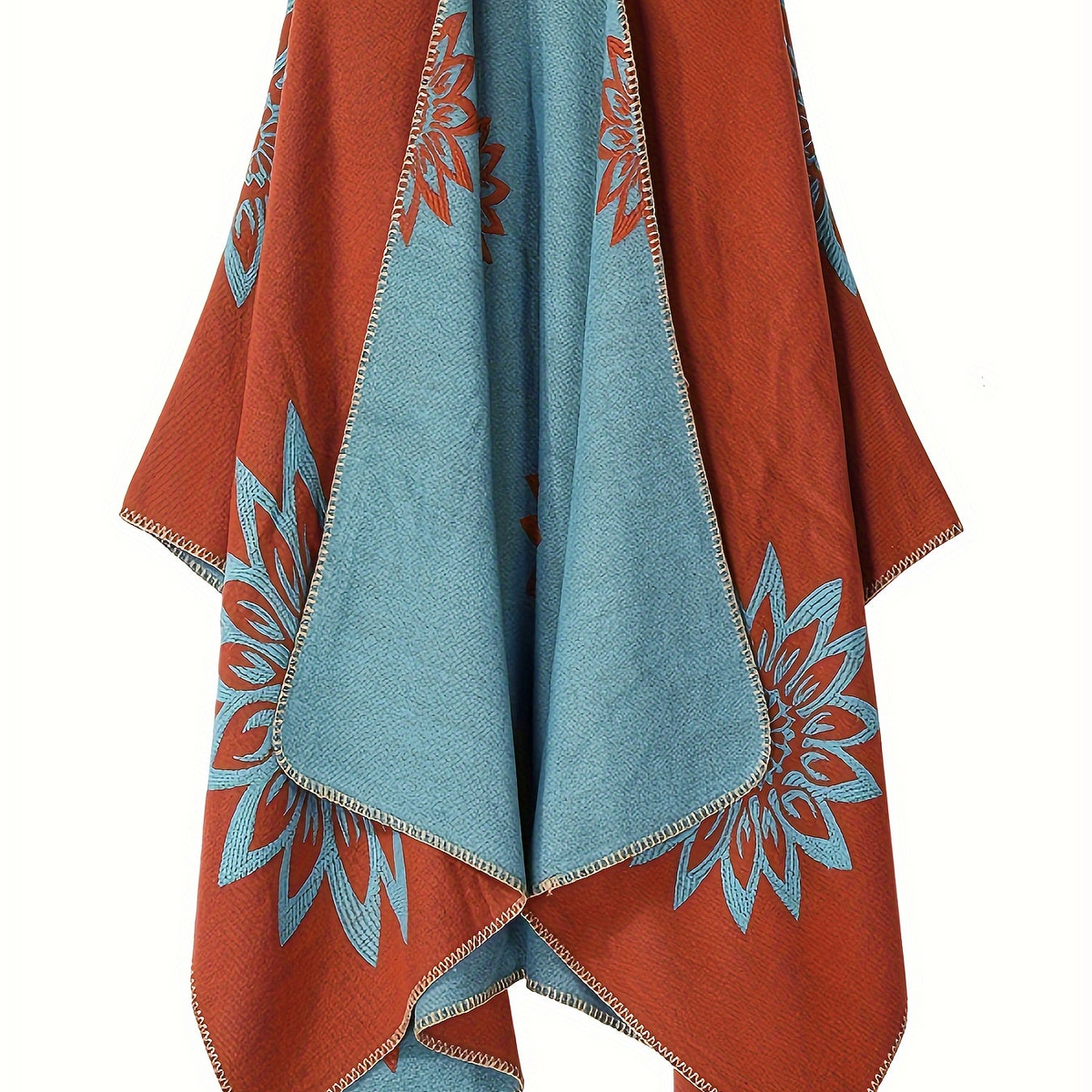 Damen Poncho Wende-Cape mit floralem Muster und gesticktem Rand