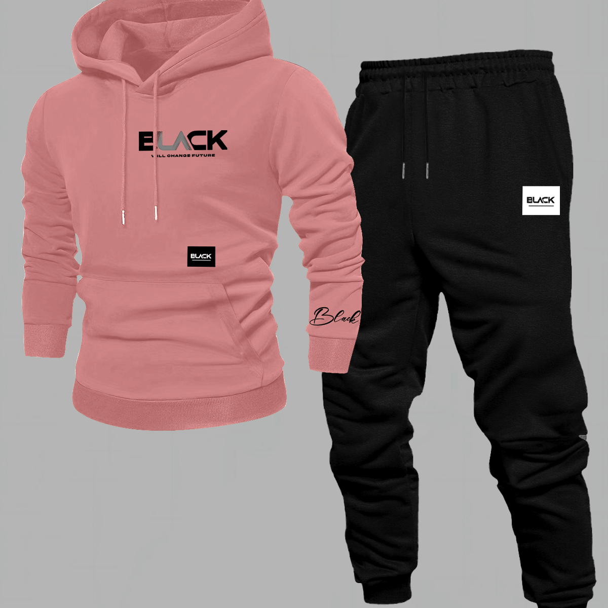 Unisex Trainingsanzug Hoodie & Jogginghose Set Schwarz mit Aufdruck