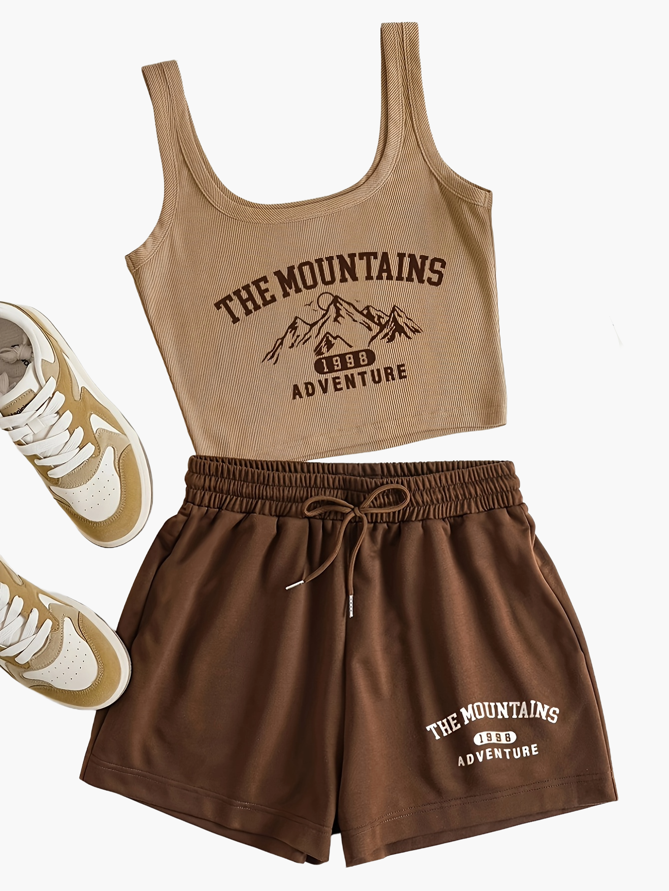 Damen Sport-Set Freizeit Top und Shorts mit Print – The Mountains Adventure, Sommer Loungewear