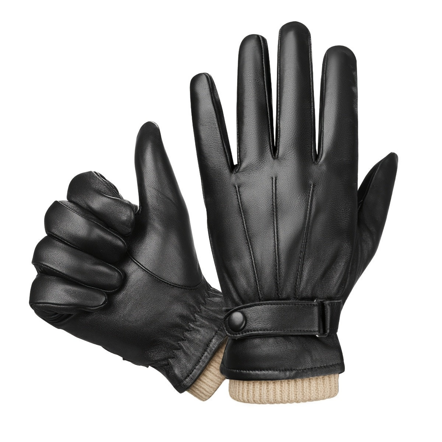 Unisex Winterhandschuhe Schwarz mit Strickbündchen, Thermofutter & Riemen-Detail