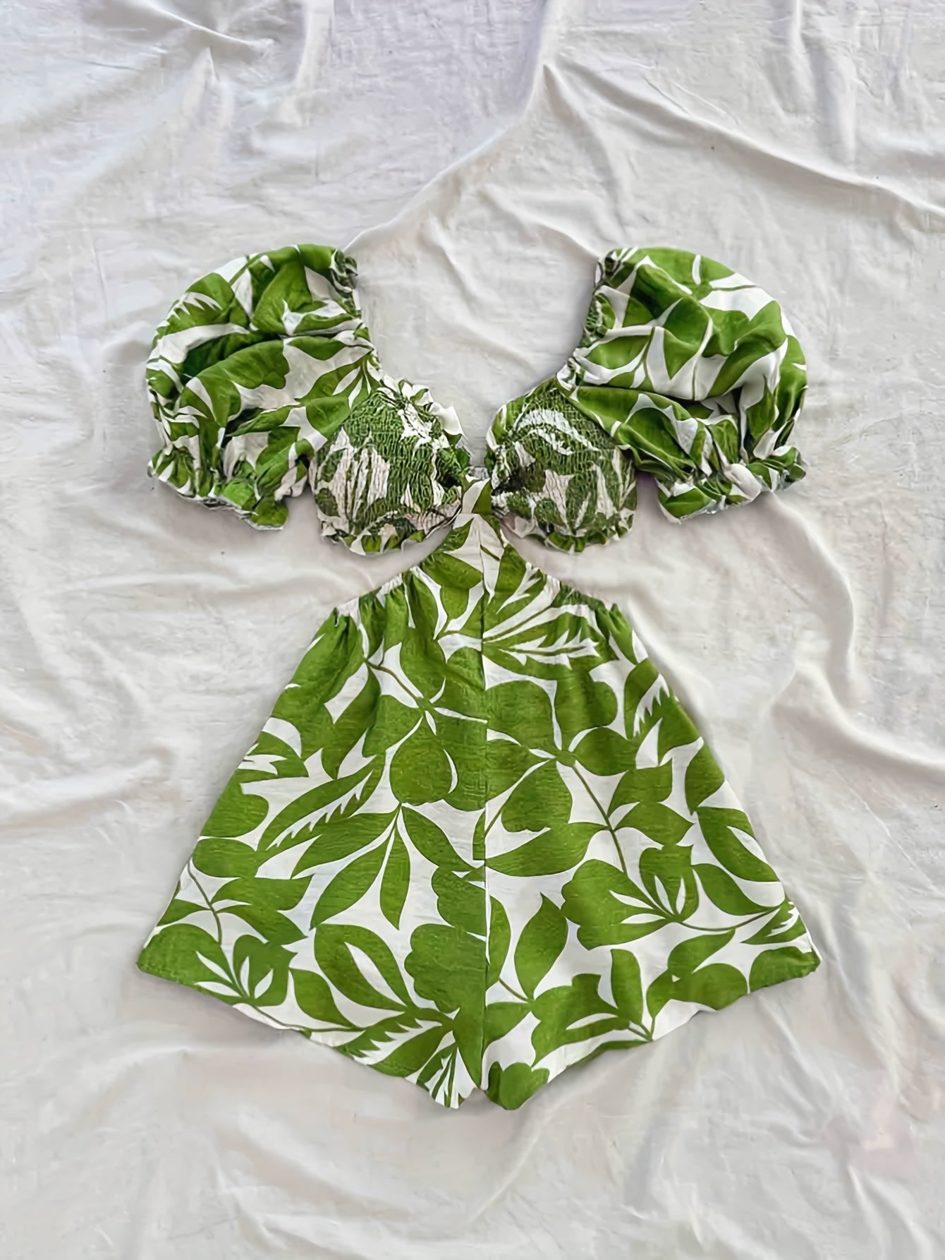 Damen Sommer Jumpsuit mit Tropenblatt-Print und Puffärmeln – Perfekt für Urlaub, Strand und Gartenparty