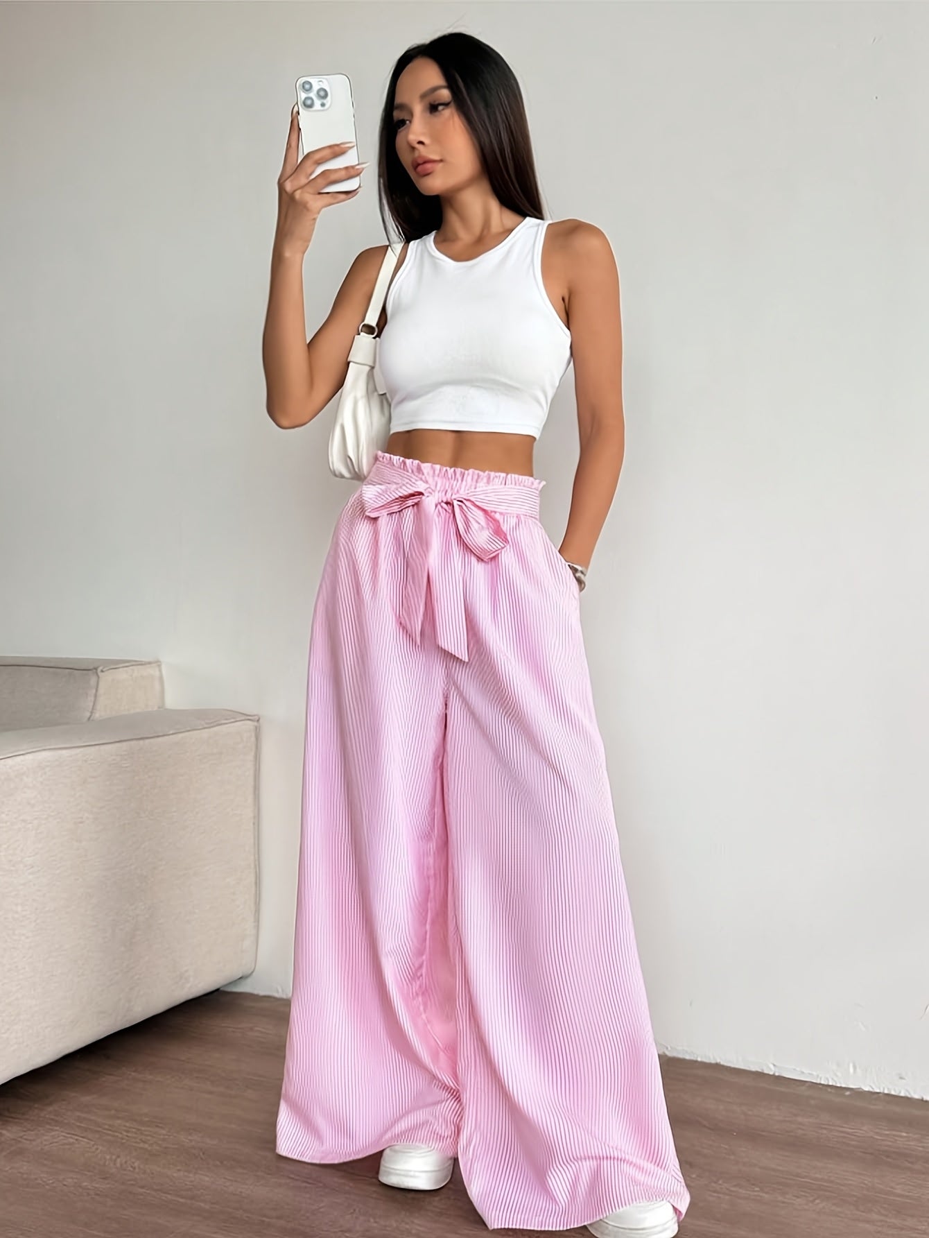 Damen Weite High-Waist Hose mit Schleifenband und Streifen – Elegante Relaxed Fit Freizeithose