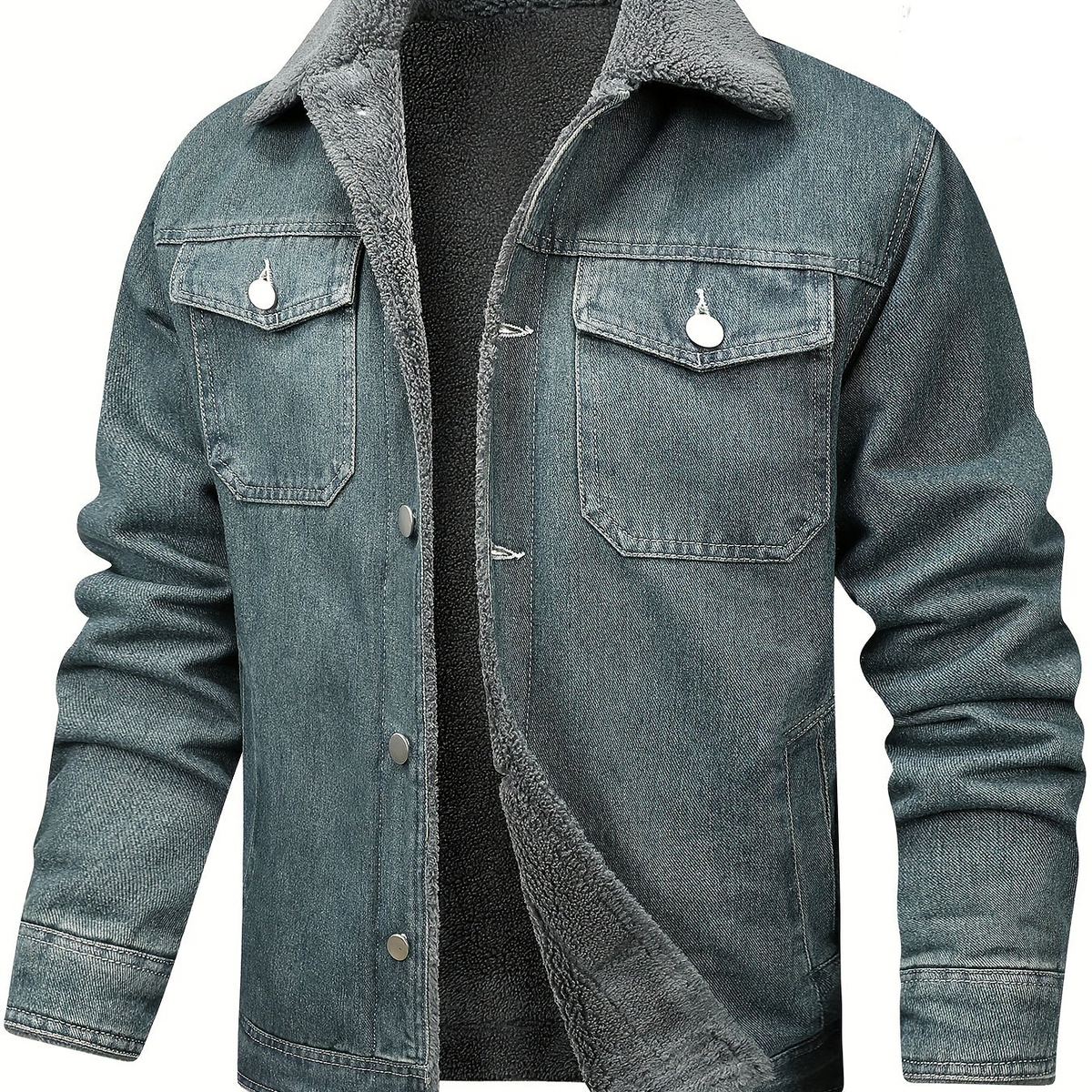 Herren Jeansjacke mit Teddyfutter, Sherpa Kragen, Knopfleiste, Brusttaschen, warm gefüttert