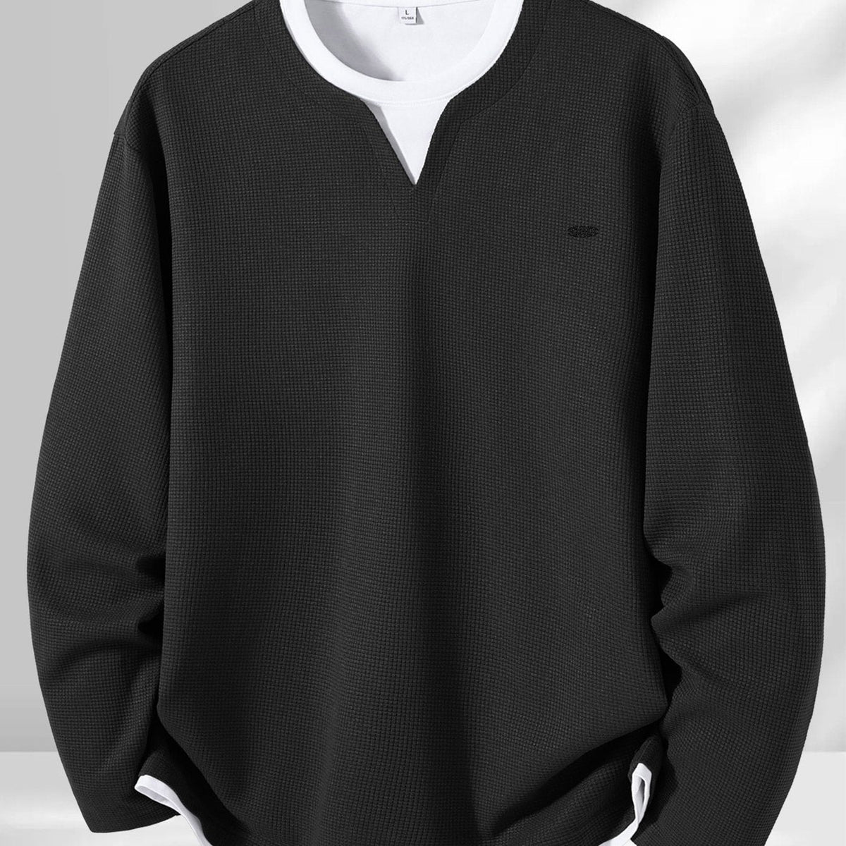 Herren Langarmshirt Waffelstrick Optik V-Ausschnitt Grau/Schwarz