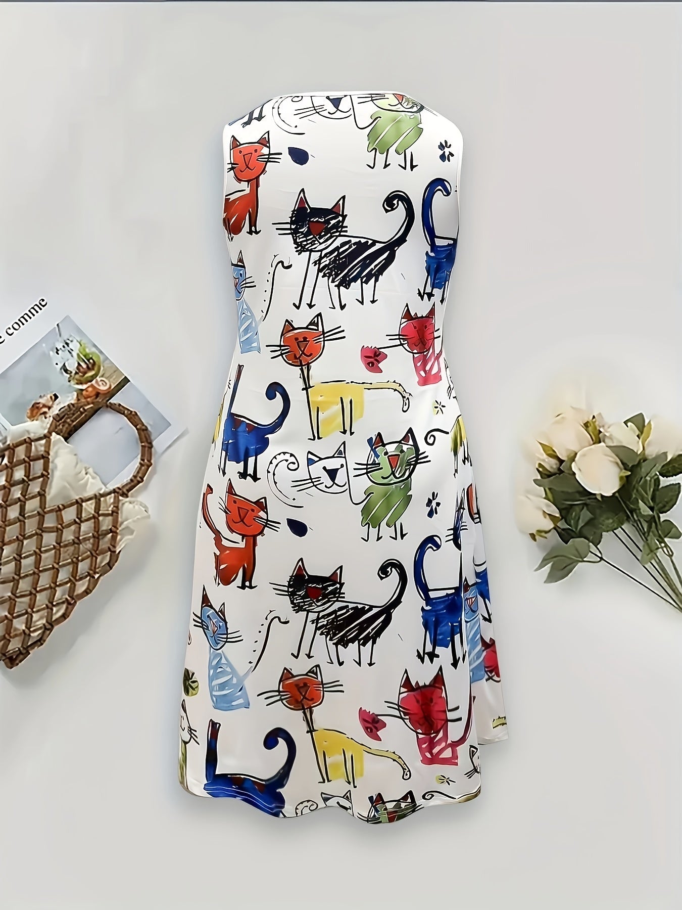 Damen Sommerkleid mit Katzen-Print, lässig und verspielt für Alltag und Freizeit