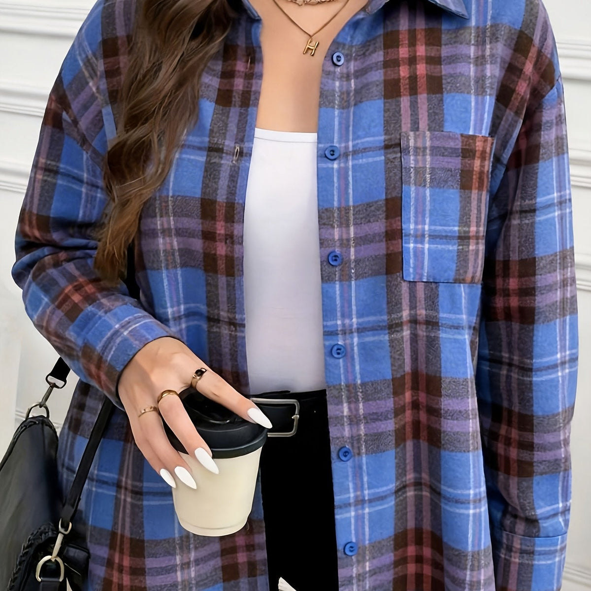 Damen Kariertes Hemd Langarm Button-Down Bluse mit Brusttasche