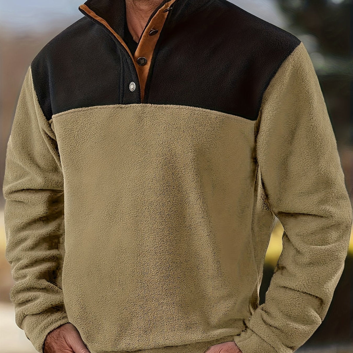 Herren Fleece Pullover Stehkragen Knöpfe Zweifarbig Outdoor