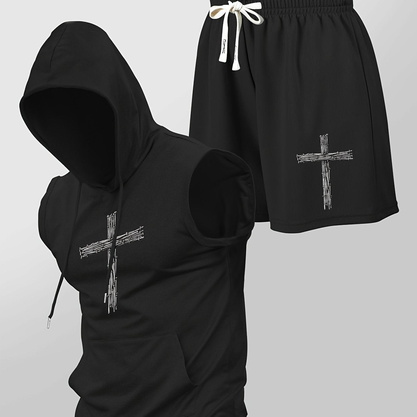 Herren Fitness Set mit ärmellosem Hoodie und Shorts, sportlicher Zweiteiler mit Kreuz-Print