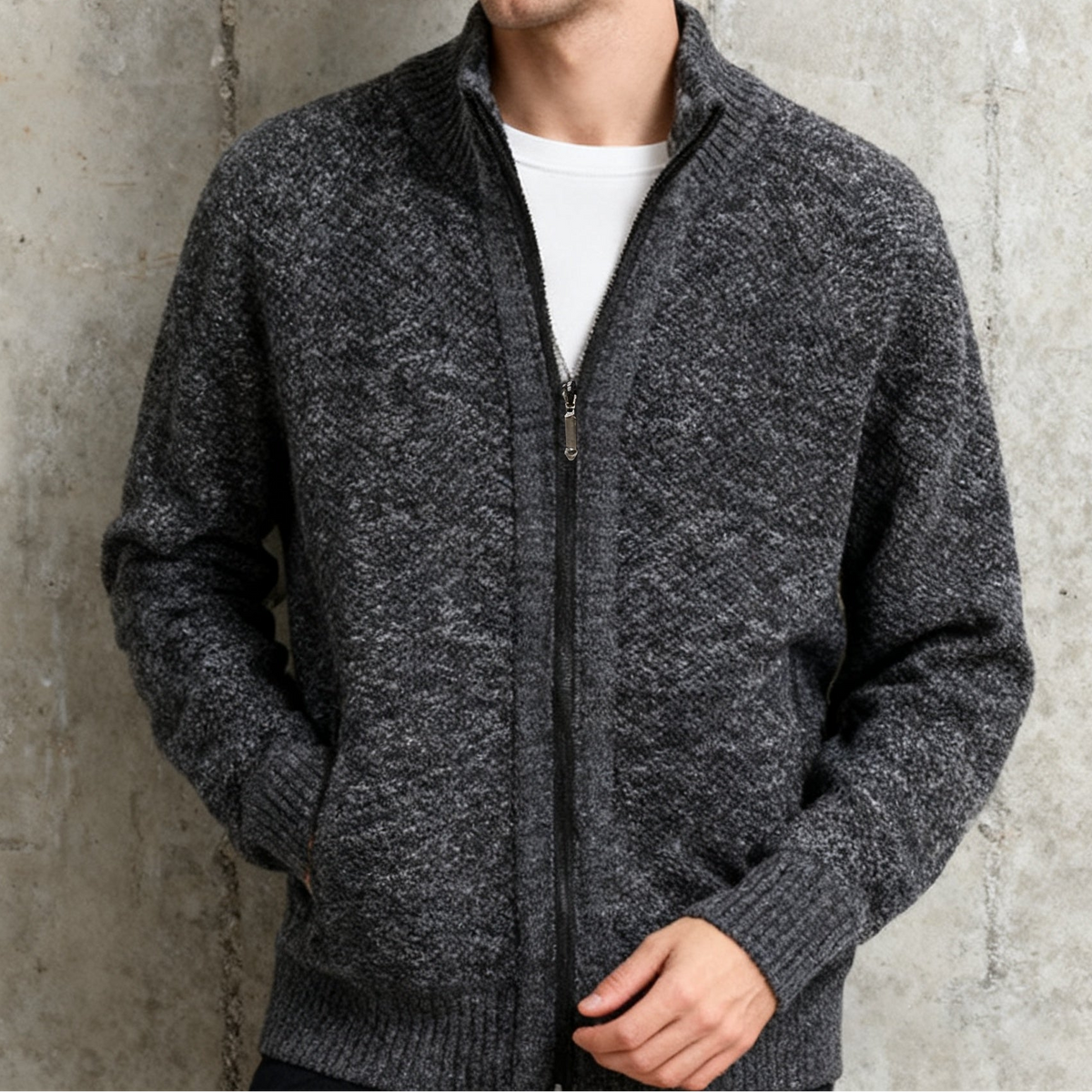 Herren Strickjacke mit Reißverschluss Stehkragen und Taschen meliert