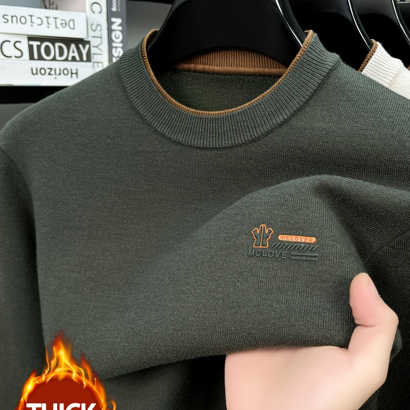Herren Pullover Rundhals Langarm Strickpullover Warmgefüttert mit Rippbündchen
