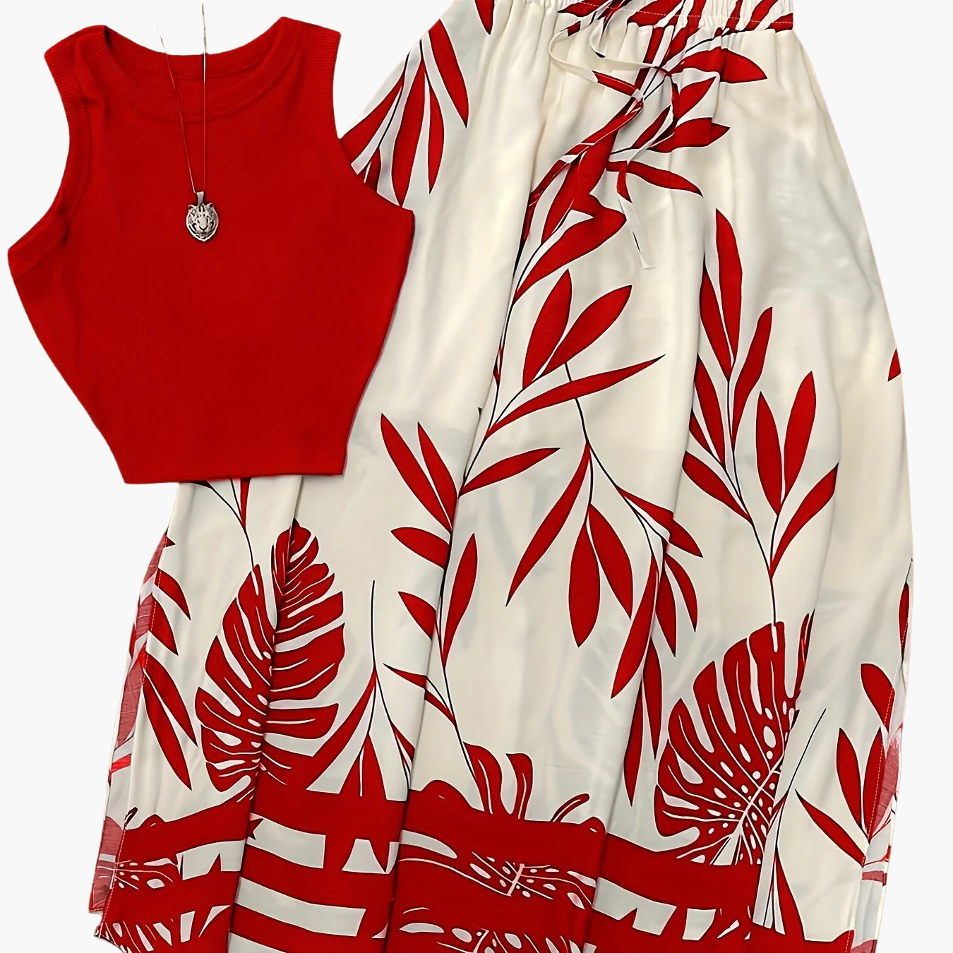 Damen Sommer-Outfit Set – Ärmelloses Top und Maxirock im tropischen Design, ideal für Urlaub und Freizeit