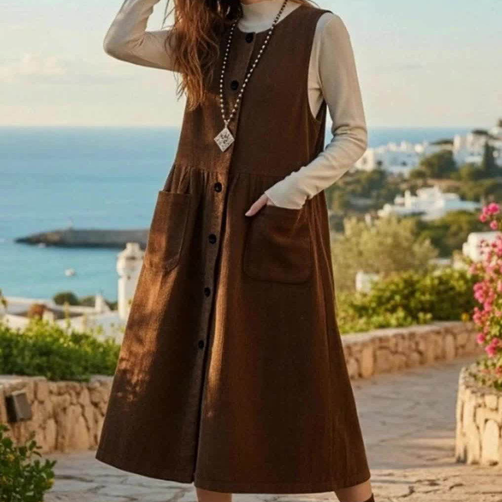 Damen Trägerkleid braun Midi A-Linie mit Knöpfen und Taschen
