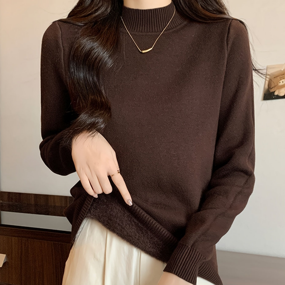 Damen Rollkragen Pullover mit Fleece-Futter – Langarm Basic Shirt Warm