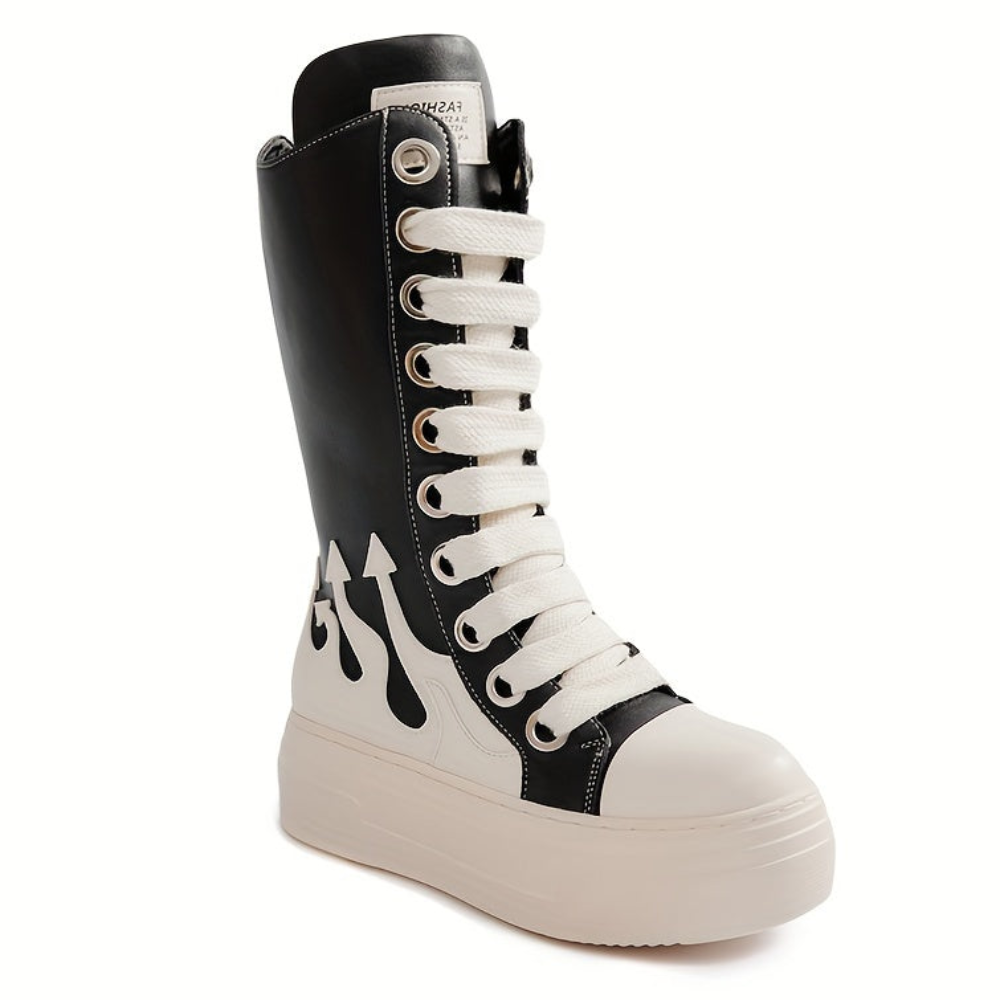 Damen High-Top Sneaker Stiefel Schwarz mit Schnürung & Plateau Sohle
