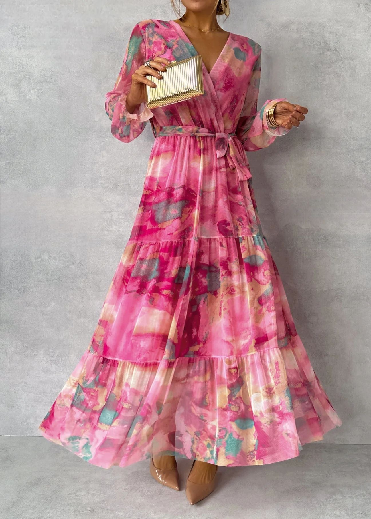 Jenny – Elegantes Chiffon-Kleid mit Kordelzug und Patchwork
