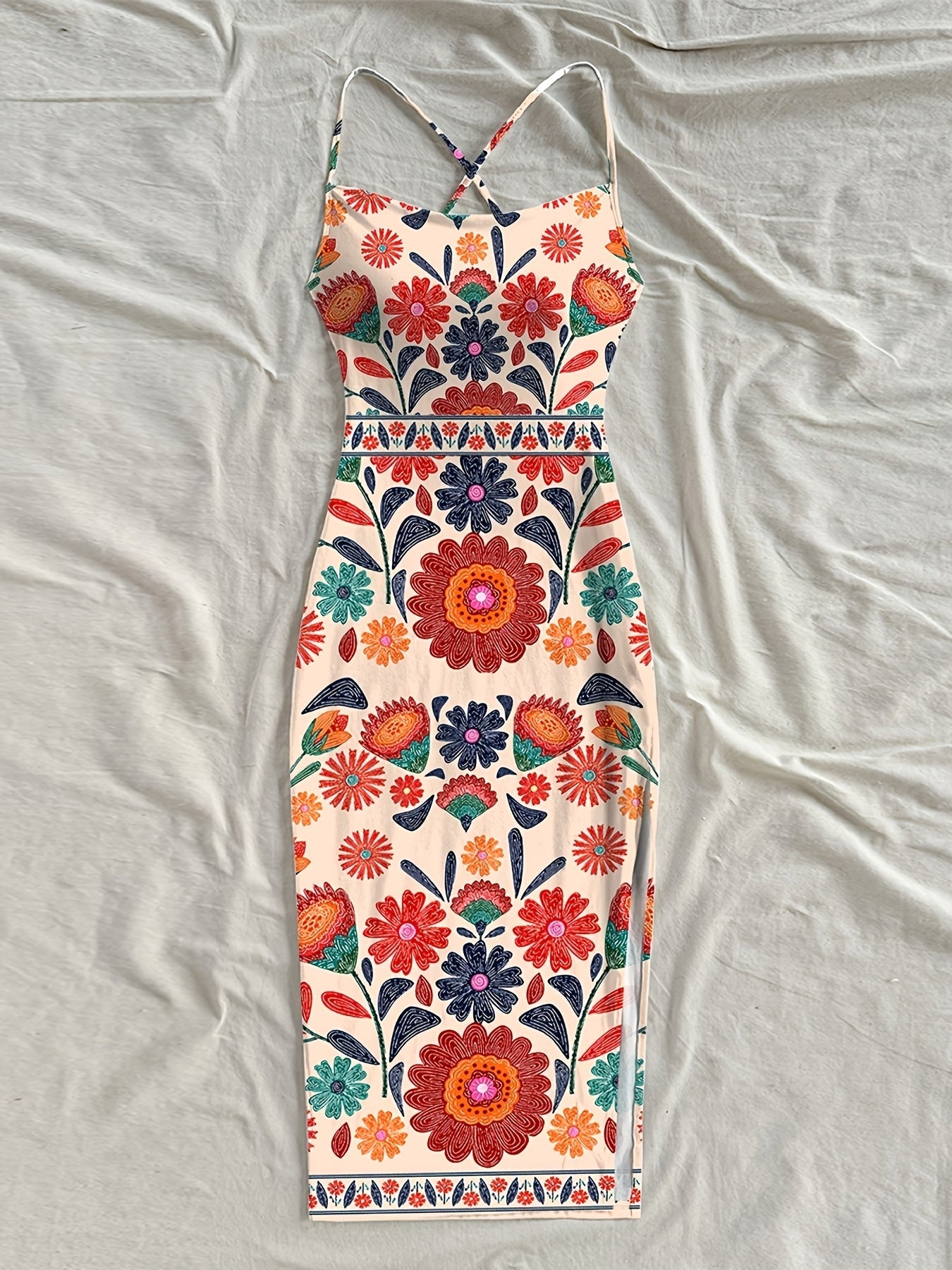 Damen Midikleid mit Blumenmuster und Spaghettiträgern – Boho Sommerkleid für Freizeit & Urlaub