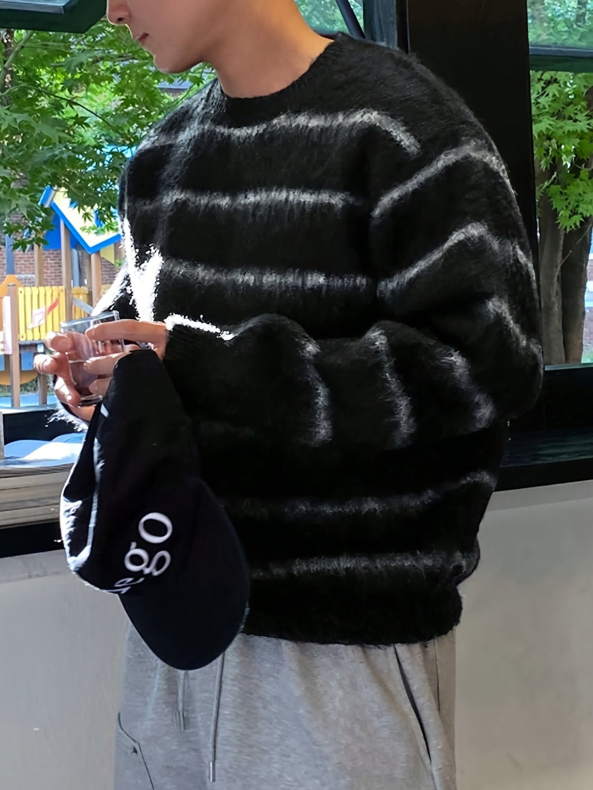 Herren Pullover Rundhals Schwarz Gestreift Flauschig Langarm