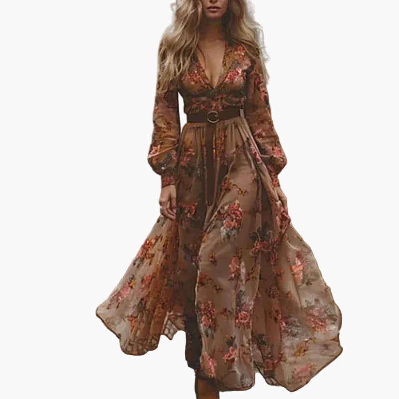 Damen Boho Maxikleid mit Stickerei und Volants – Elegantes Langarmkleid für Freizeit & Outdoor