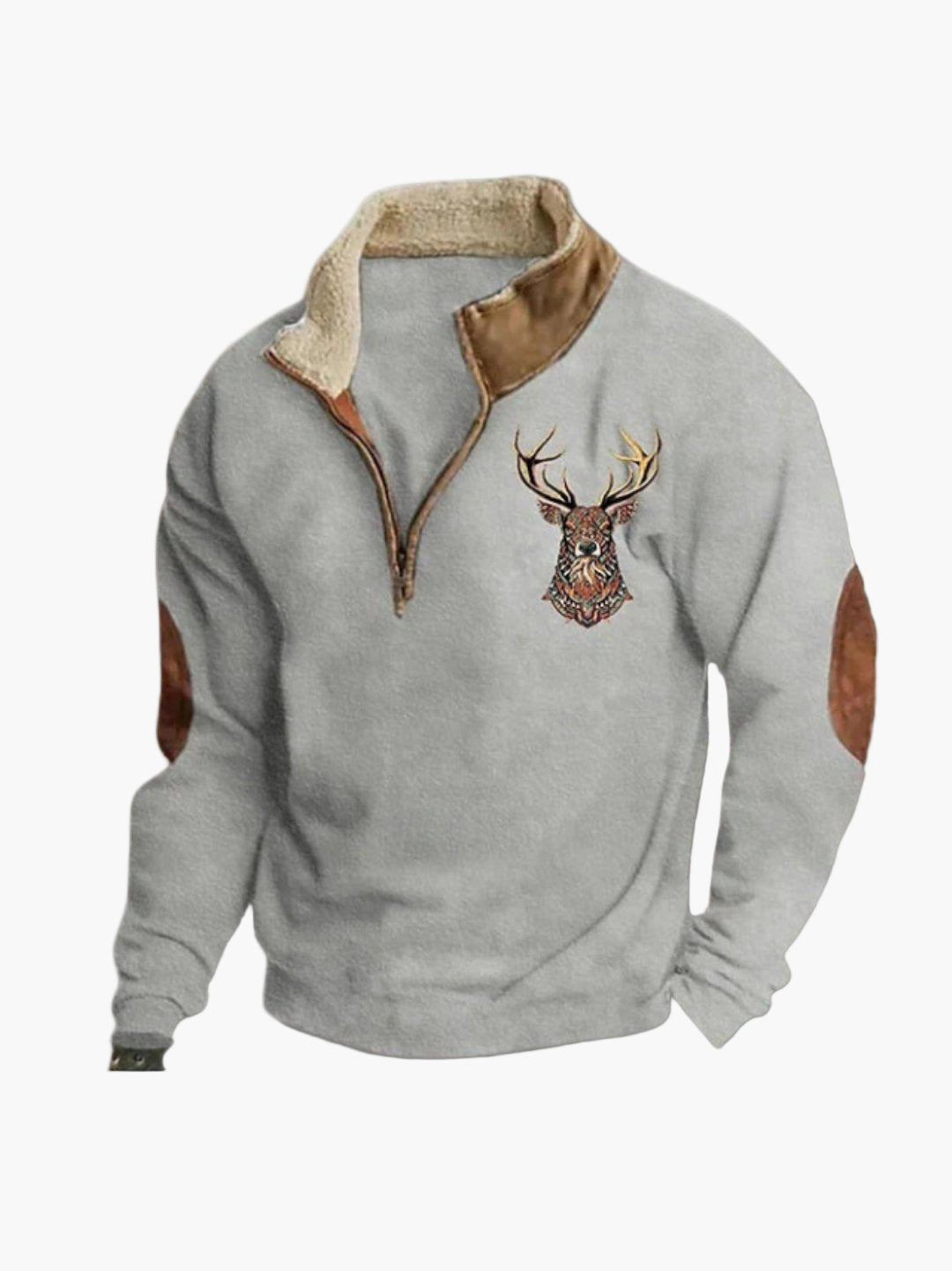 Herren Fleece-Halbreißverschluss Pullover mit Hirschmotiv – Bequemer Outdoor & Freizeit Look