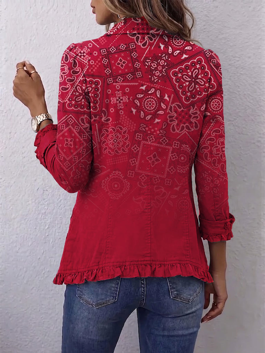 Damen Jacke Rot mit Paisley-Muster und Rüschen