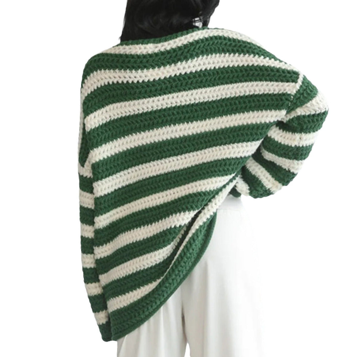 Damen Oversized Pullover Strick Gestreift Lockere Passform Rundhalsausschnitt