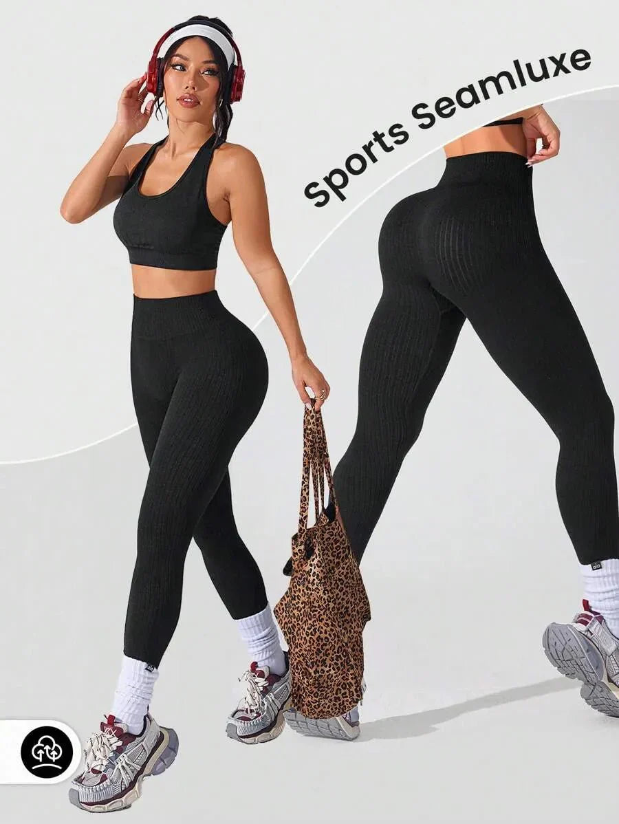 Damen Seamless Leggings Rippstrick – Sport & Freizeit, Figurformend, High Waist
